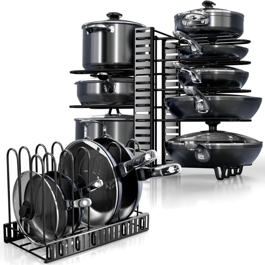 Pots and Pans Organizer Under Cabinet – 8-Tier Adjustable Pan Organizer Rack-Kitchen cabinet organizer.