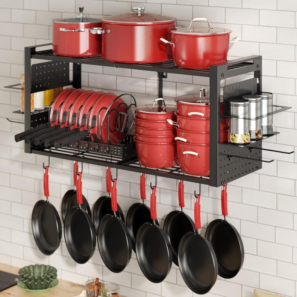 31 Inch Wall Mounted Pot Rack – 3-in-1 Kitchen Cabinet Organizer with 2-Tier Rack & 20 Hooks