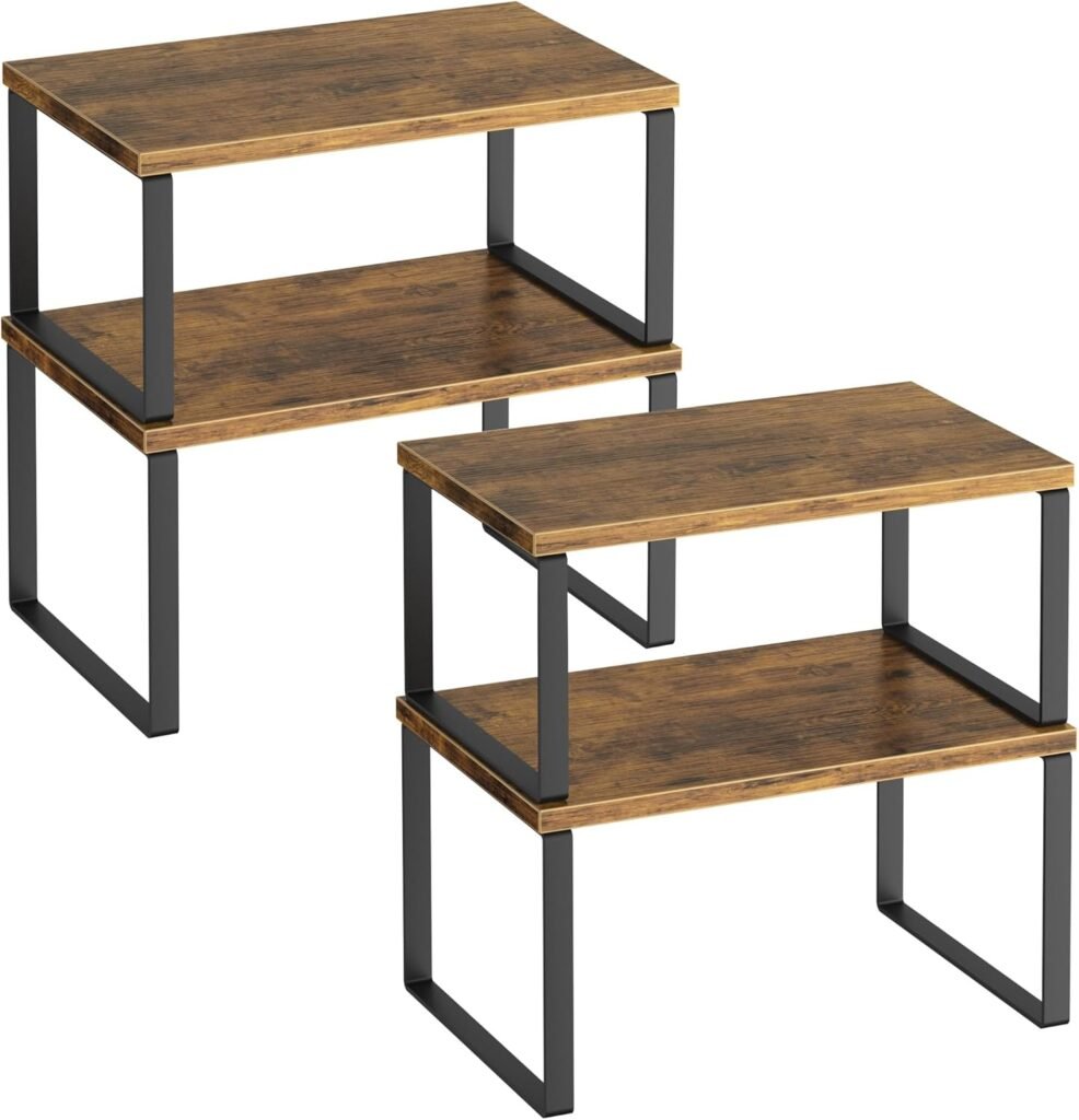 Kitchen Cabinet Organizer Shelf Set of 4 – Stackable Rustic Brown Counter & Cabinet Shelves