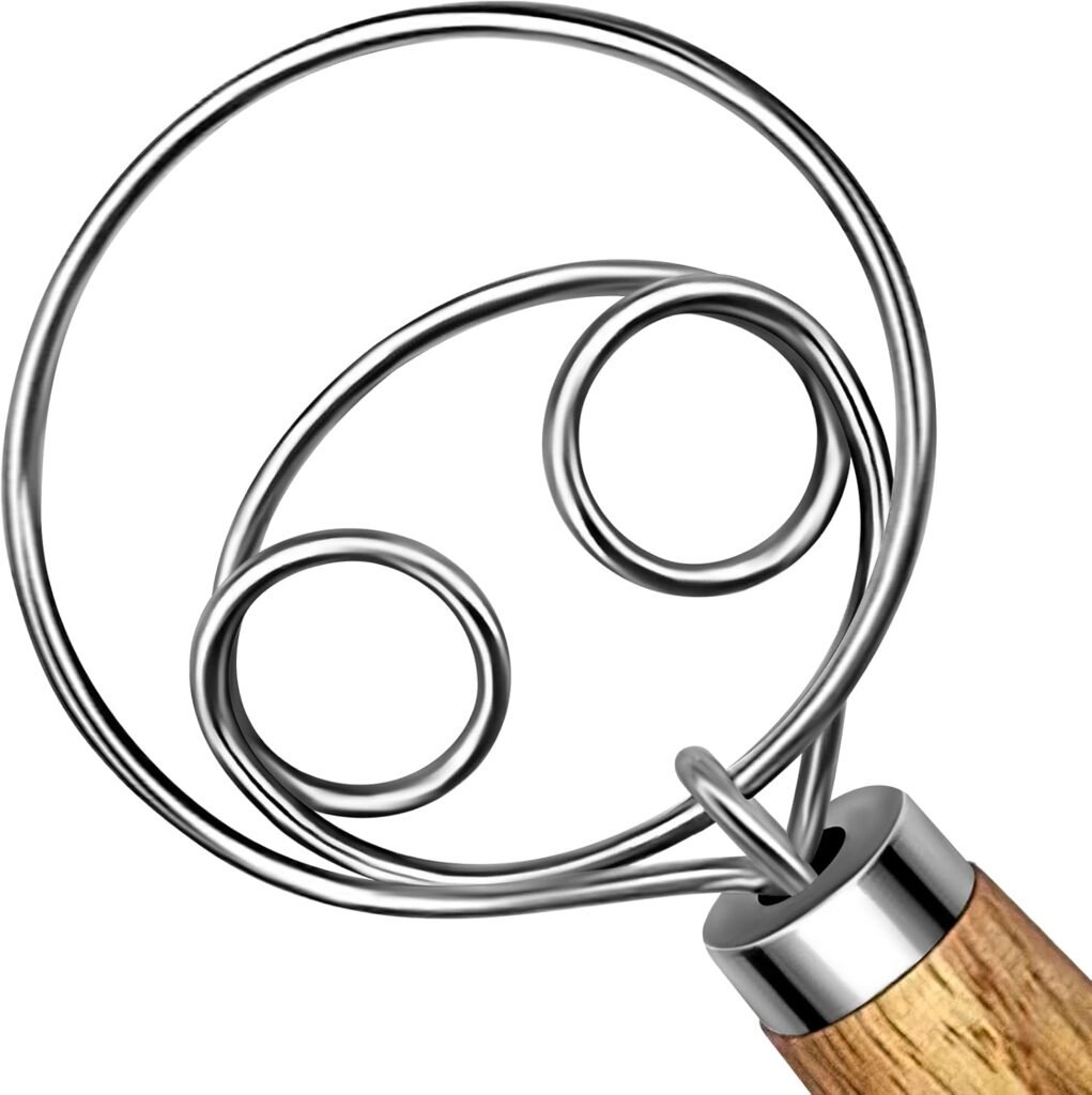 kitchen gadgets for bakers- TEEVEA Danish Dough Whisk – Stainless Steel Dutch Whisk with Wooden Handle.