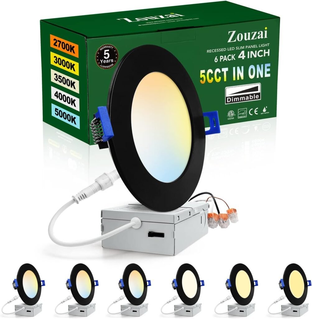 zouzai 4 Inch Black 5CCT Ultra-Thin LED Recessed Ceiling Light (6 Pack). ADDING CAN LIGHTS TO KITCHEN