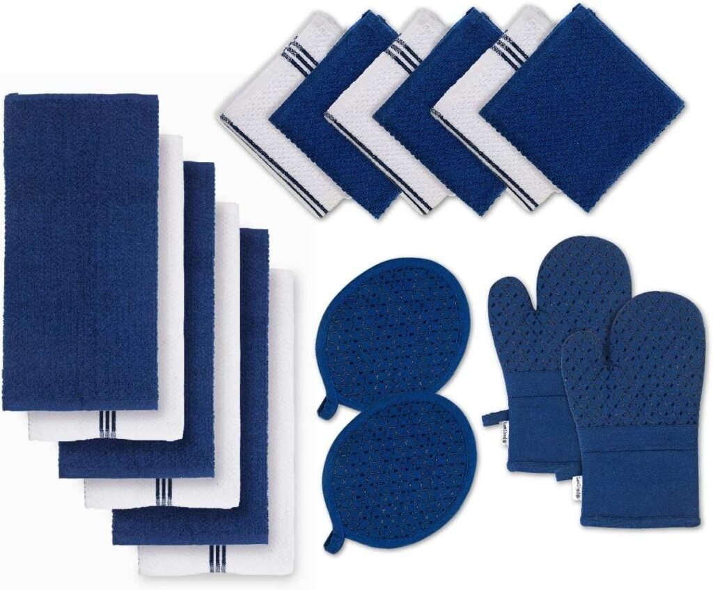 Lane Linen 16-Piece Kitchen Towel and Oven Mitt Set (Cotton + Silicone, Indigo)