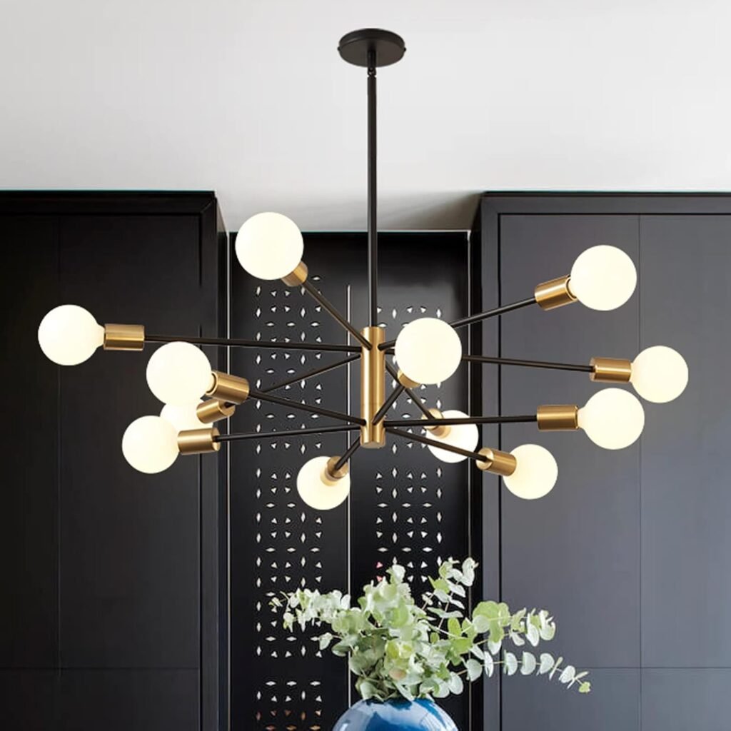 RUIYEY 12-Light Gold & Black Sputnik Chandelier.
