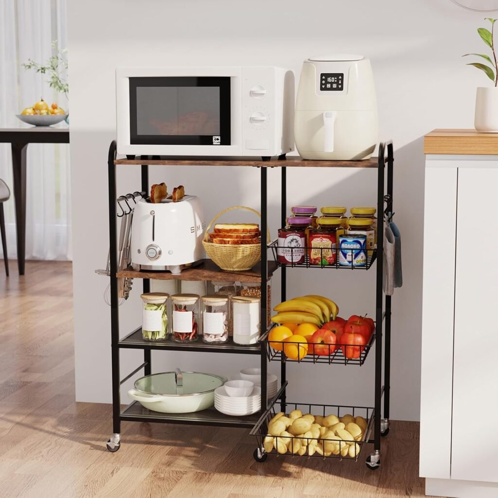 HapiRm 4-Tier Rolling Kitchen Cart for Toaster Oven with Pull-Out Storage