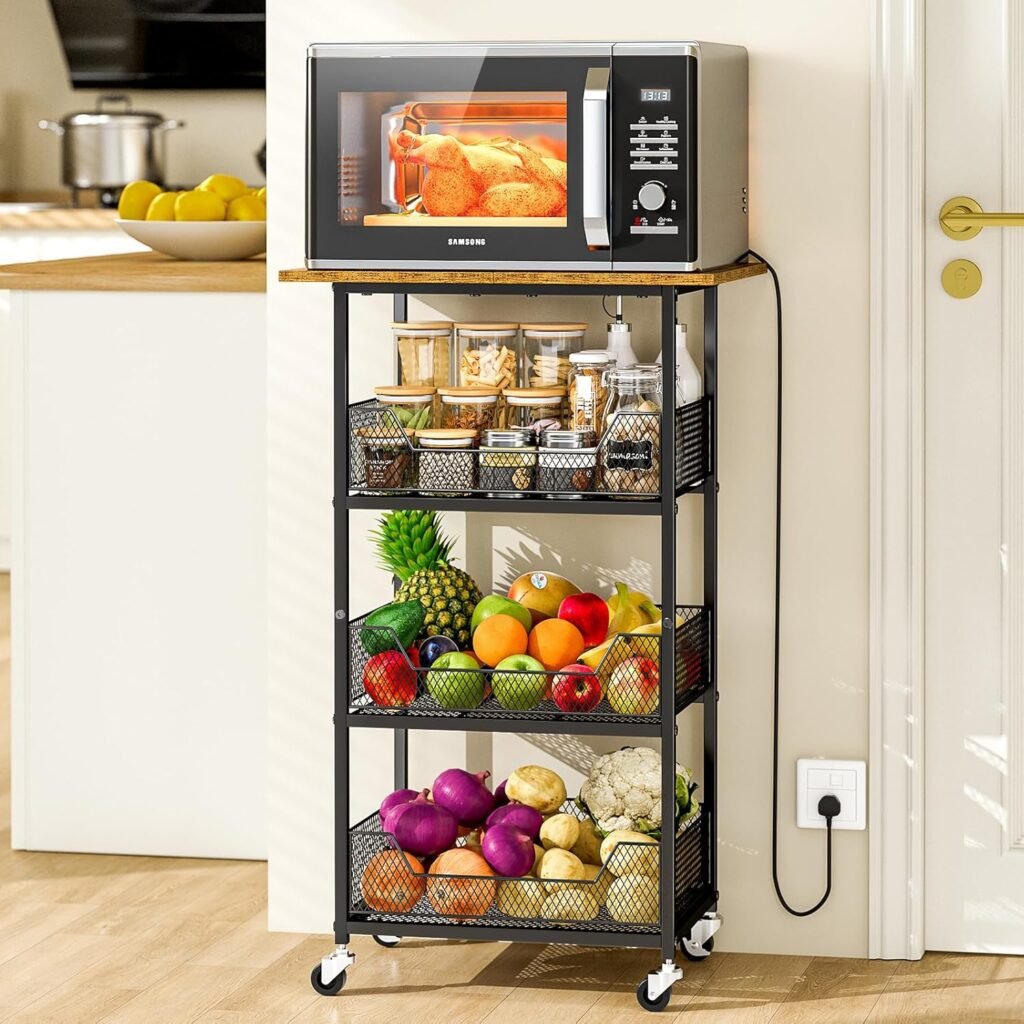 ThreeHio 4-Tier Rolling Microwave Cart with Baskets for Microwave for Small Kitchen