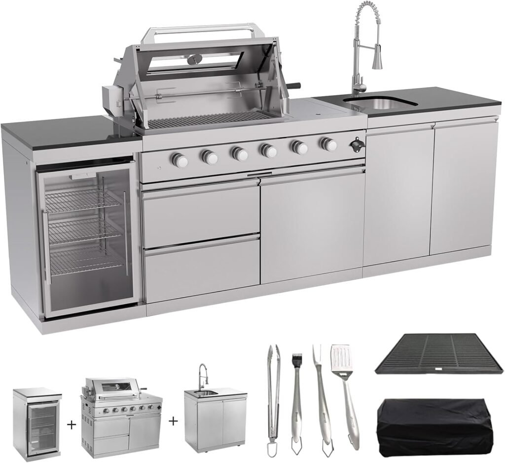 QEEKA 98.4-Inch Outdoor Kitchen Island with Grill (Pizza Oven Compatible Setup)