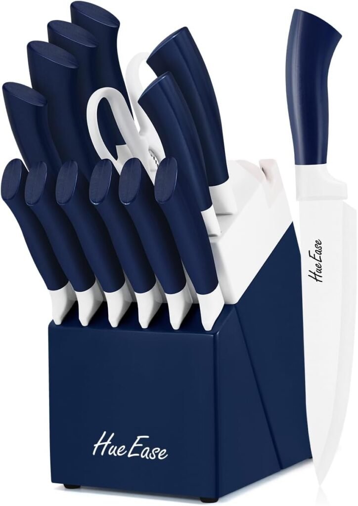 HueEase 14-Piece Knife Set with Block & Built-In Sharpener for Kitchen Utensil Set Dishwasher Safe