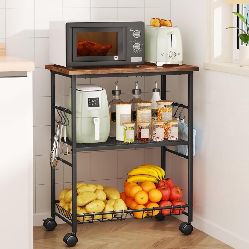 SWTYMIKI 3-Tier Rolling Kitchen Cart for Toaster Oven with Storage Baskets