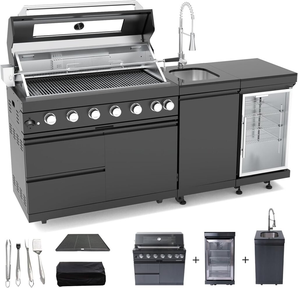 Backyard Discovery Fusion Flame Covered Outdoor Kitchen with Grill & Refrigerator (Pizza Oven Compatible Setup)