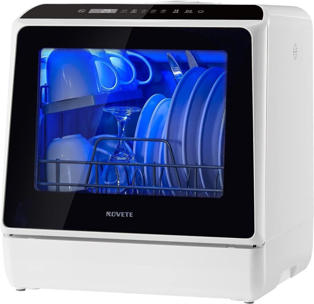 NOVETE Portable Countertop Dishwasher with Water Tank for Small Kitchen Convenience