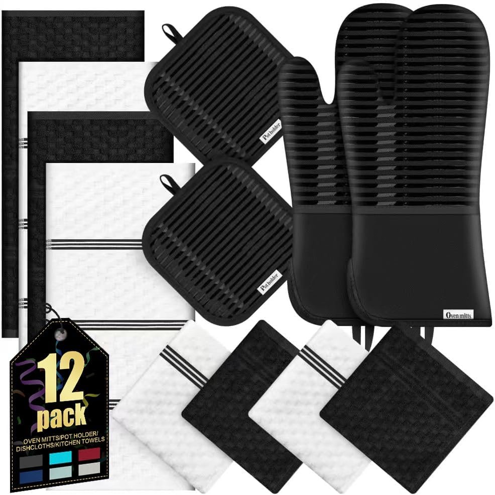 KacNacPro 12-Piece Kitchen Towel and Oven Mitt Set (Cotton + Silicone Grip, Black)