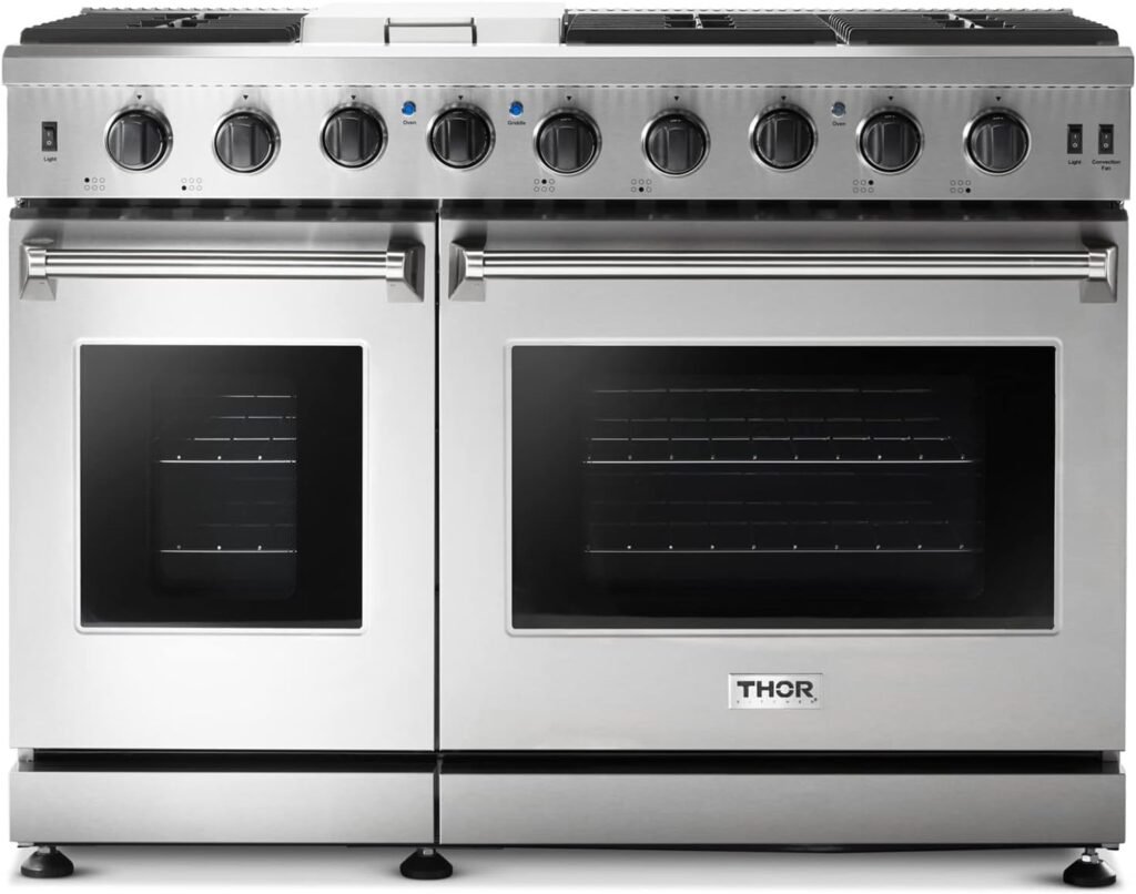 THOR Kitchen 48-Inch Gas Range with Double Oven LRG4807U for High-Capacity Kitchen Appliance Packages