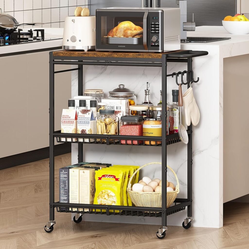 Pkuyres 3-Tier Rolling Kitchen Cart with Push Handle for Toaster Oven Setup