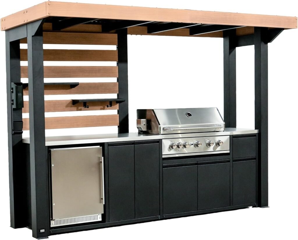 Backyard Discovery Fusion Flame Covered Outdoor Kitchen with Grill & Refrigerator (Pizza Oven Compatible Setup)