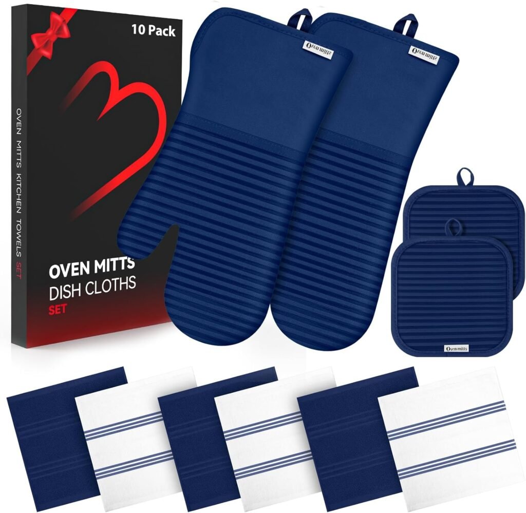 KacNacPro 10-Piece Kitchen Towel and Oven Mitt Set (Cotton + Silicone Grip, Marine Blue)