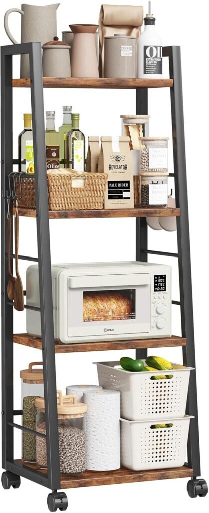 Homeiju 4-Tier Slim Rolling Kitchen Storage Cart with Hooks for Microwave for Small Kitchen
