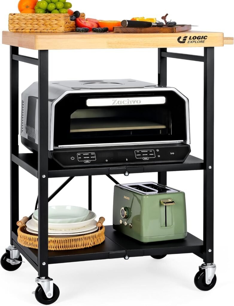 Logicexplore Foldable 3-Tier Kitchen Cart with Solid Oak Top for Toaster Oven Setup