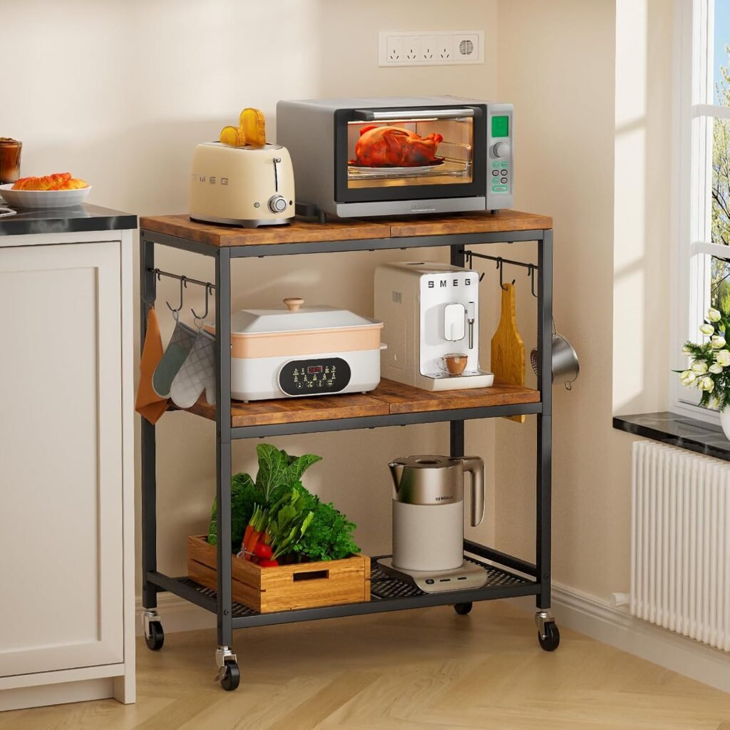 NEHAJUNXI 3-Tier Rolling Microwave Cart with Hooks for Microwave for Small Kitchen