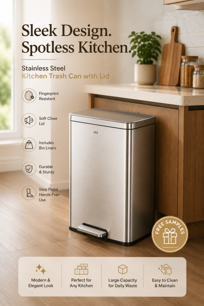 EKO Madison Kitchen Trash Can with Lid – 13.2 Gallon Stainless Steel Step Trash Can
