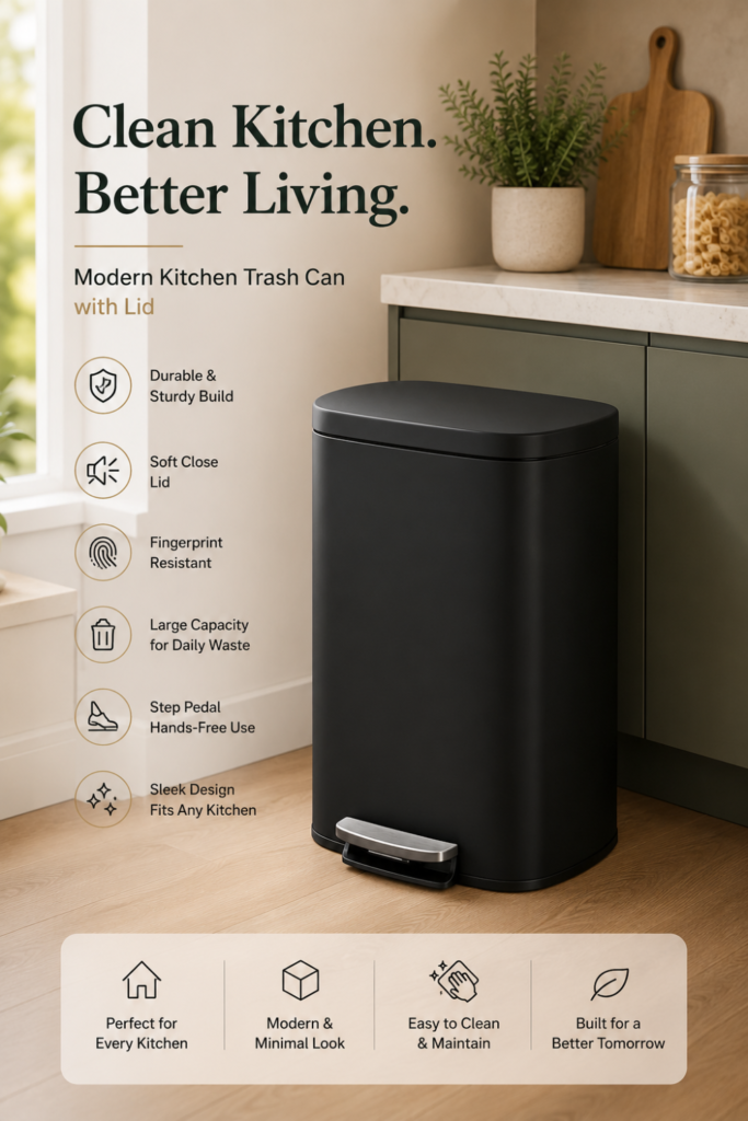 Kitchen Trash Can with Lid –Soft-Close Step-On Stainless Steel Trash Bin