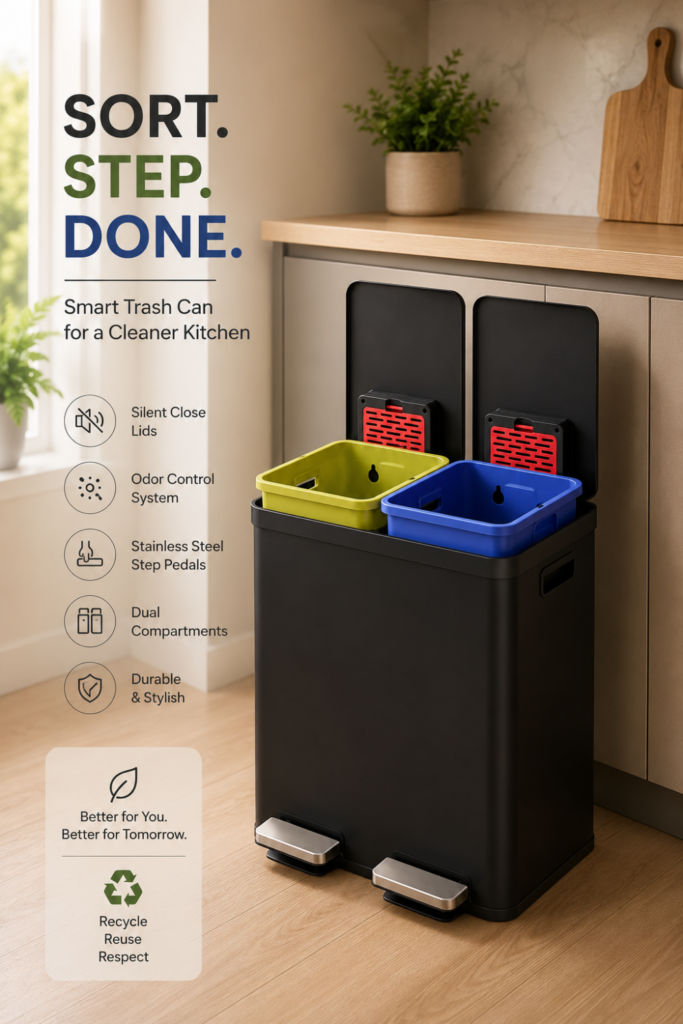 Kitchen Trash Can with Lid – 16 Gallon Dual Trash & Recycling Bin