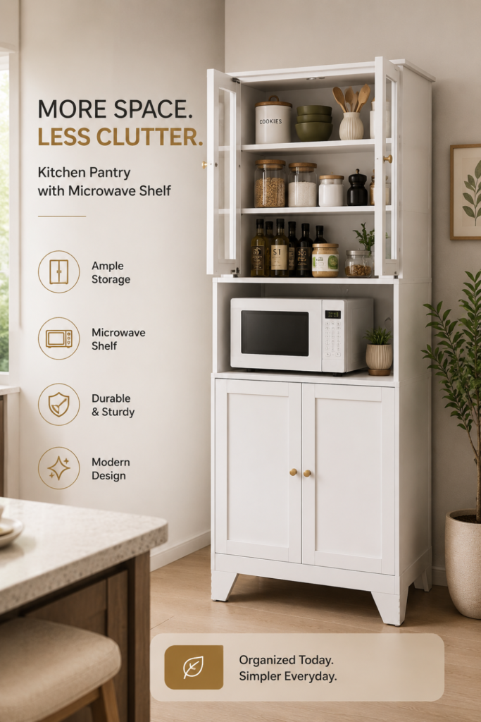 Kitchen Pantry with Microwave Shelf Metal Storage Cabinet