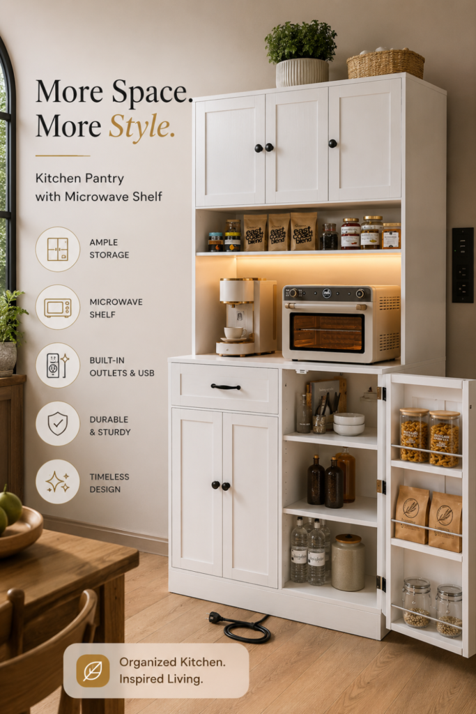 Kitchen Pantry with Microwave Shelf – 72-Inch Tall Storage Cabinet with LED Lights & Charging Station