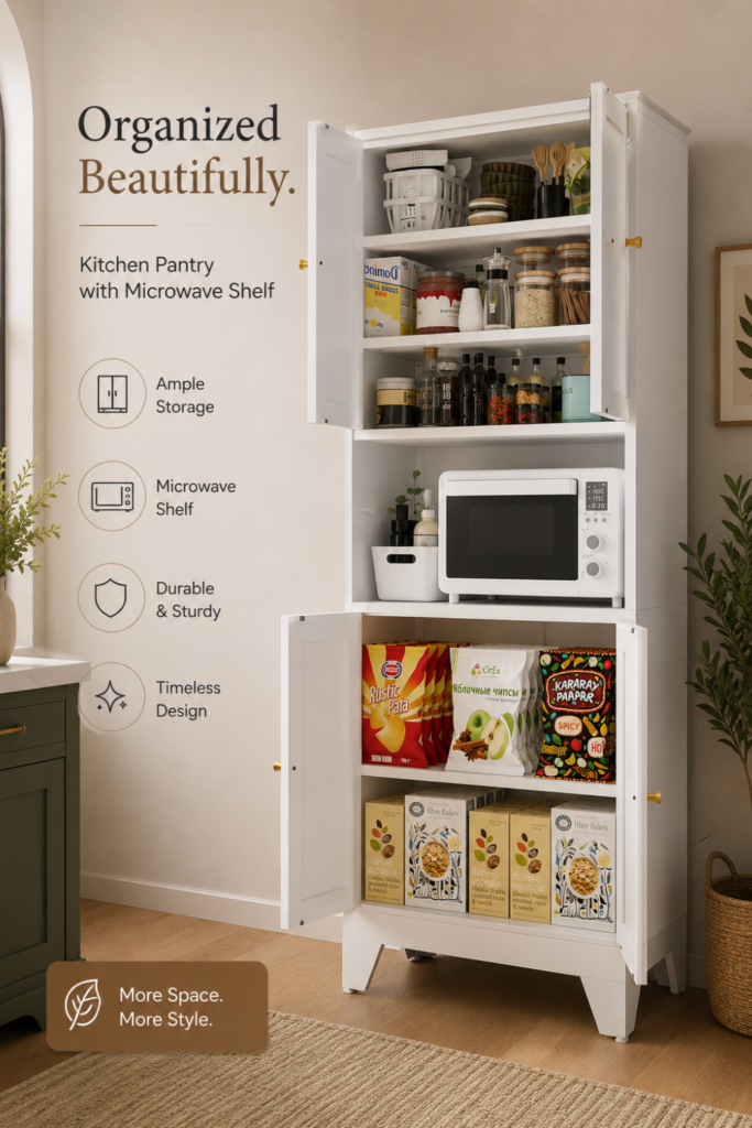 Kitchen Pantry with Microwave Shelf – 69-Inch-Tall Metal Storage Cabinet
