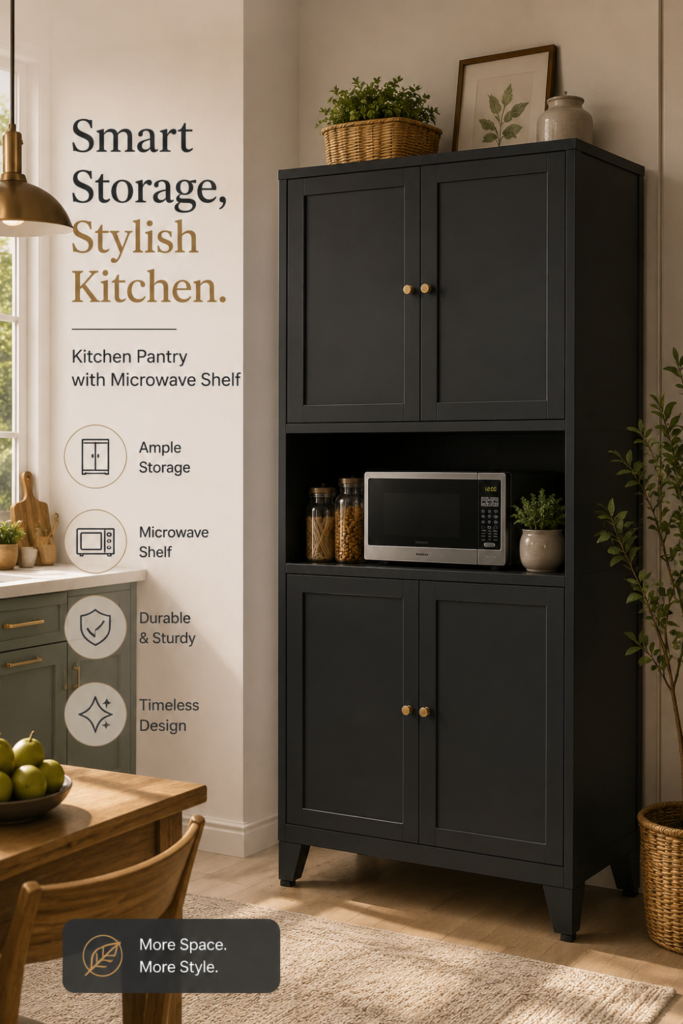 Kitchen Pantry with Microwave Shelf – 69-Inch Heavy-Duty Metal Storage Cabinet