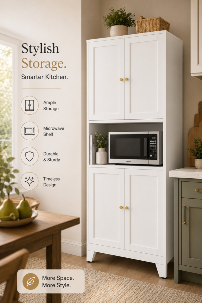 Kitchen Pantry with Microwave Shelf Metal Storage Cabinet