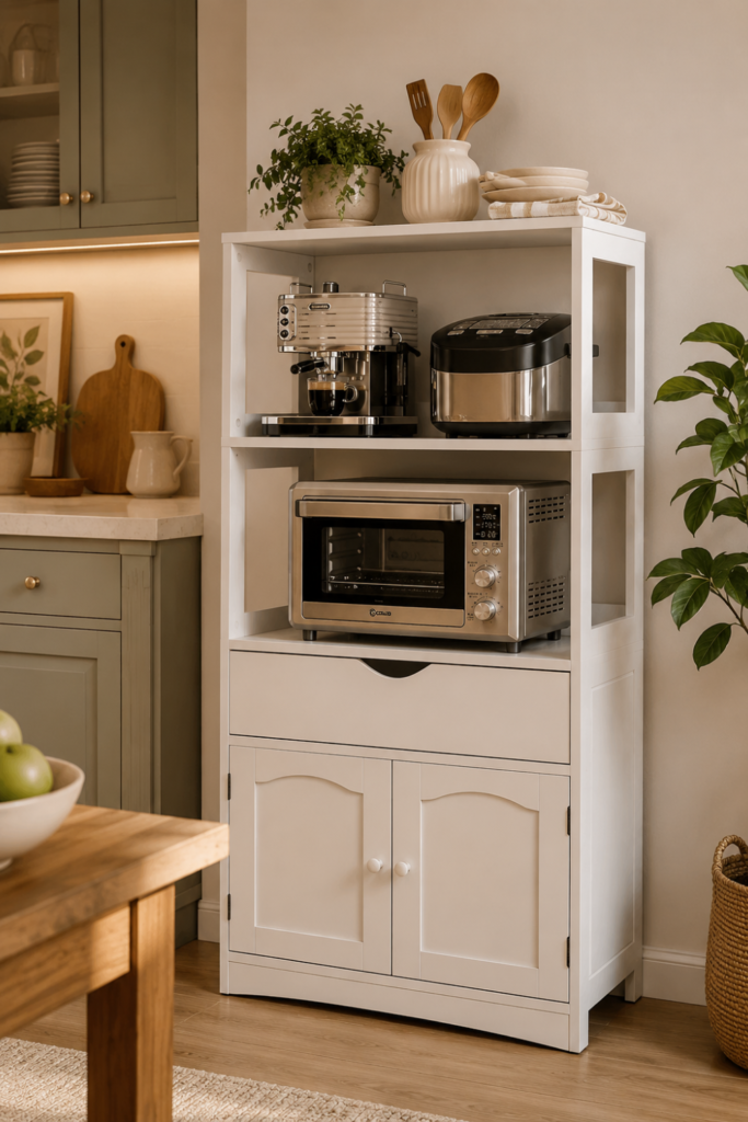 Kitchen Pantry with Microwave Shelf – Freestanding Storage Cabinet with Drawer and Shelves