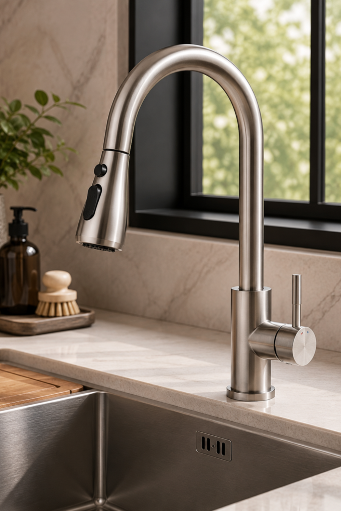 Kitchen Sink Faucet with Sprayer – Pull-Down Stainless Steel Faucet for Modern Kitchens