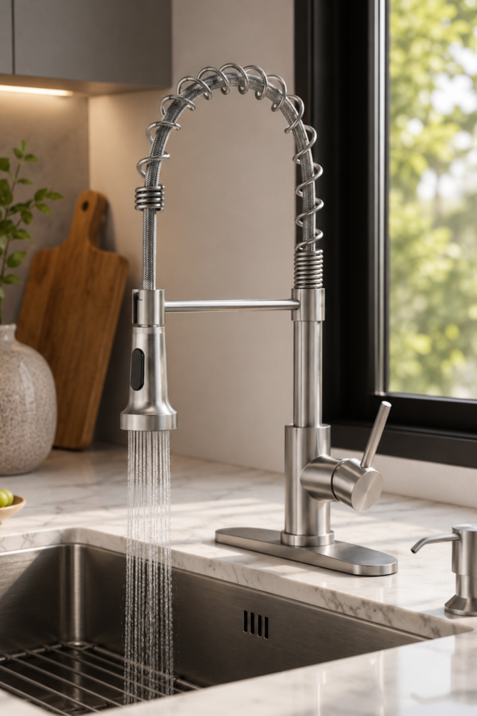 Kitchen Sink Faucet with Sprayer and Soap Dispenser – High-Arc Pull-Down Faucet in Brushed Nickel