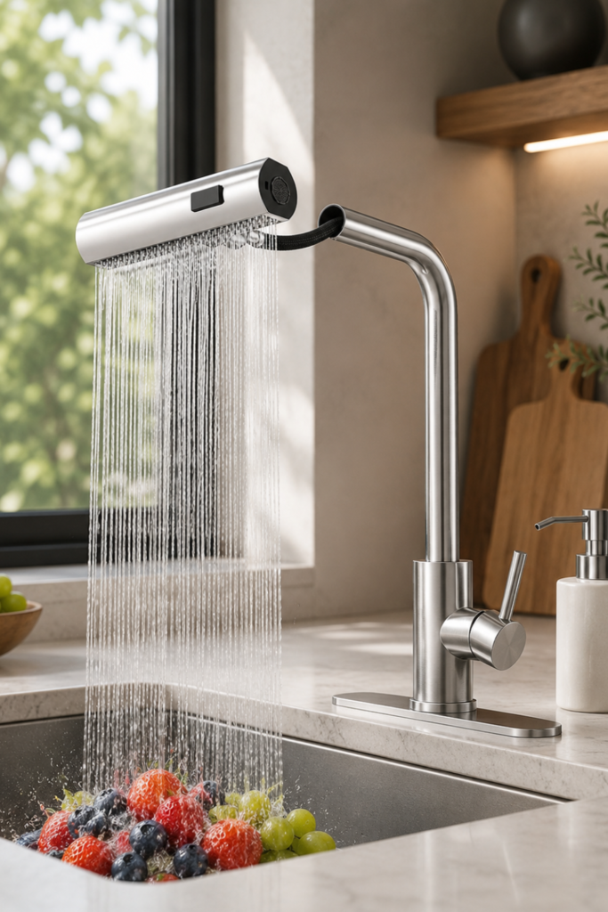 Kitchen Sink Faucet with Sprayer and Soap Dispenser – Pull-Down Waterfall Faucet in Brushed Nickel