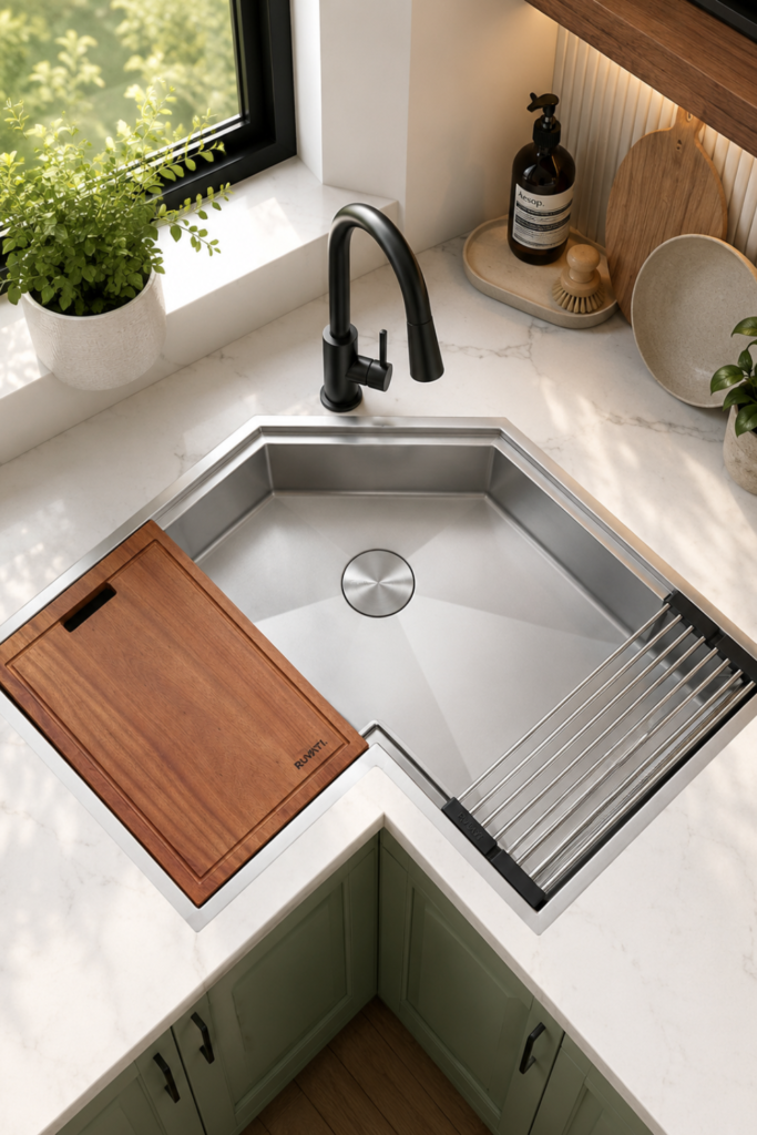 Corner Stainless Steel Kitchen Sink – Workstation Undermount Sink with Built-In Accessories