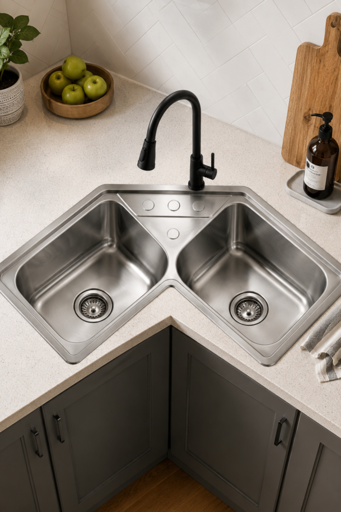 Corner Stainless Steel Kitchen Sink – 32-Inch Double Bowl Top Mount Sink