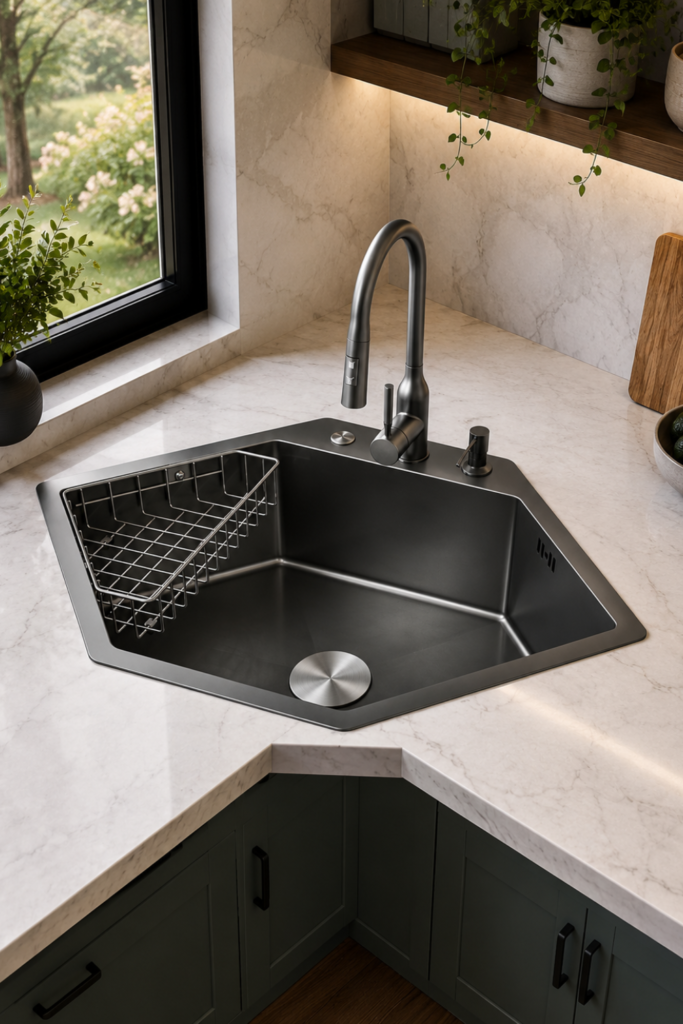 Corner Stainless Steel Kitchen Sink – Diamond-Shaped Topmount & Undermount Sink with Colander