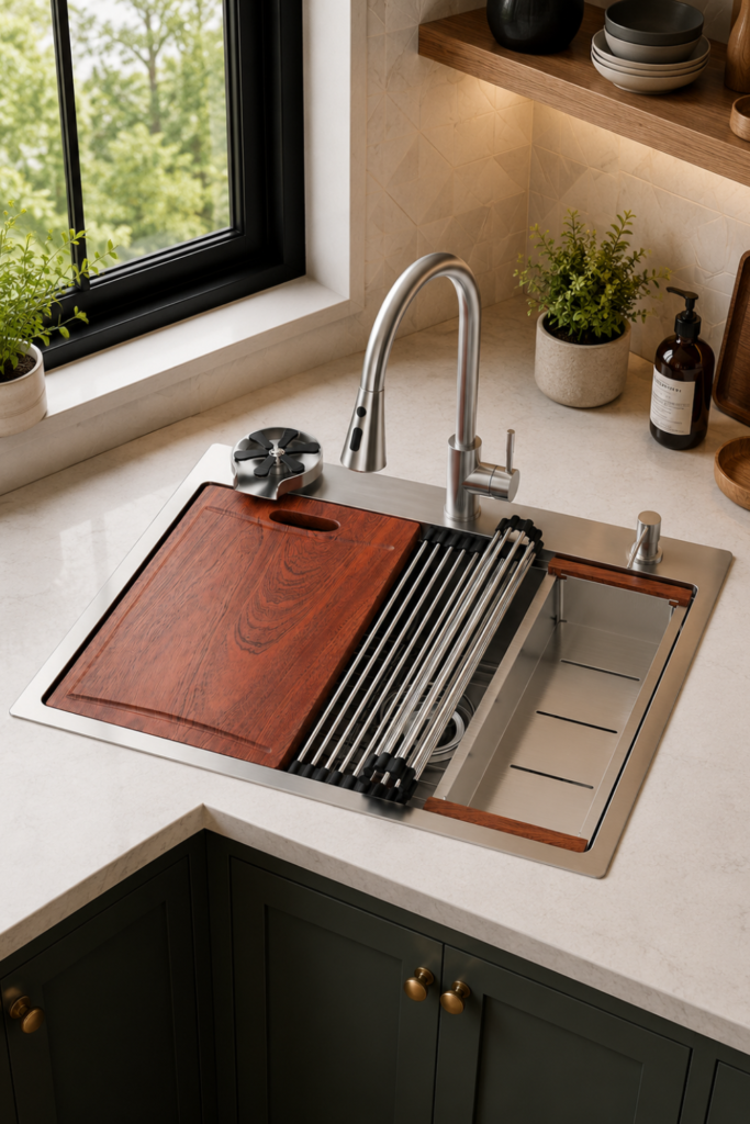 Corner Stainless Steel Kitchen Sink Alternative – 28-Inch Workstation Drop-In Sink with Faucet & Accessories
