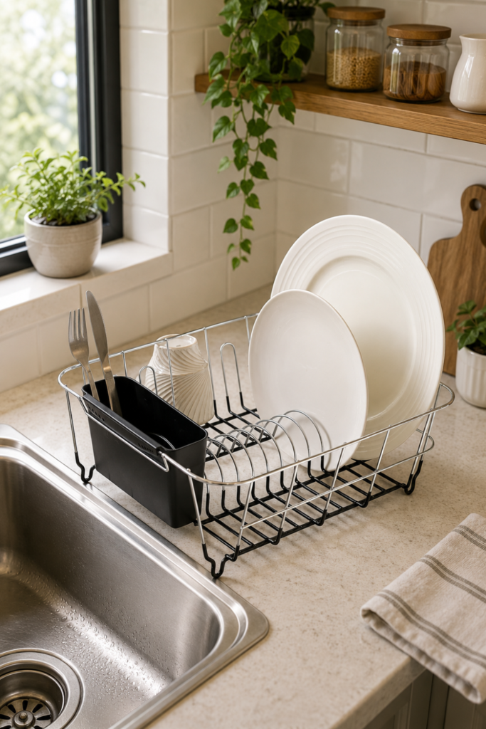 Compact Dish Drying Rack with Utensil Holder